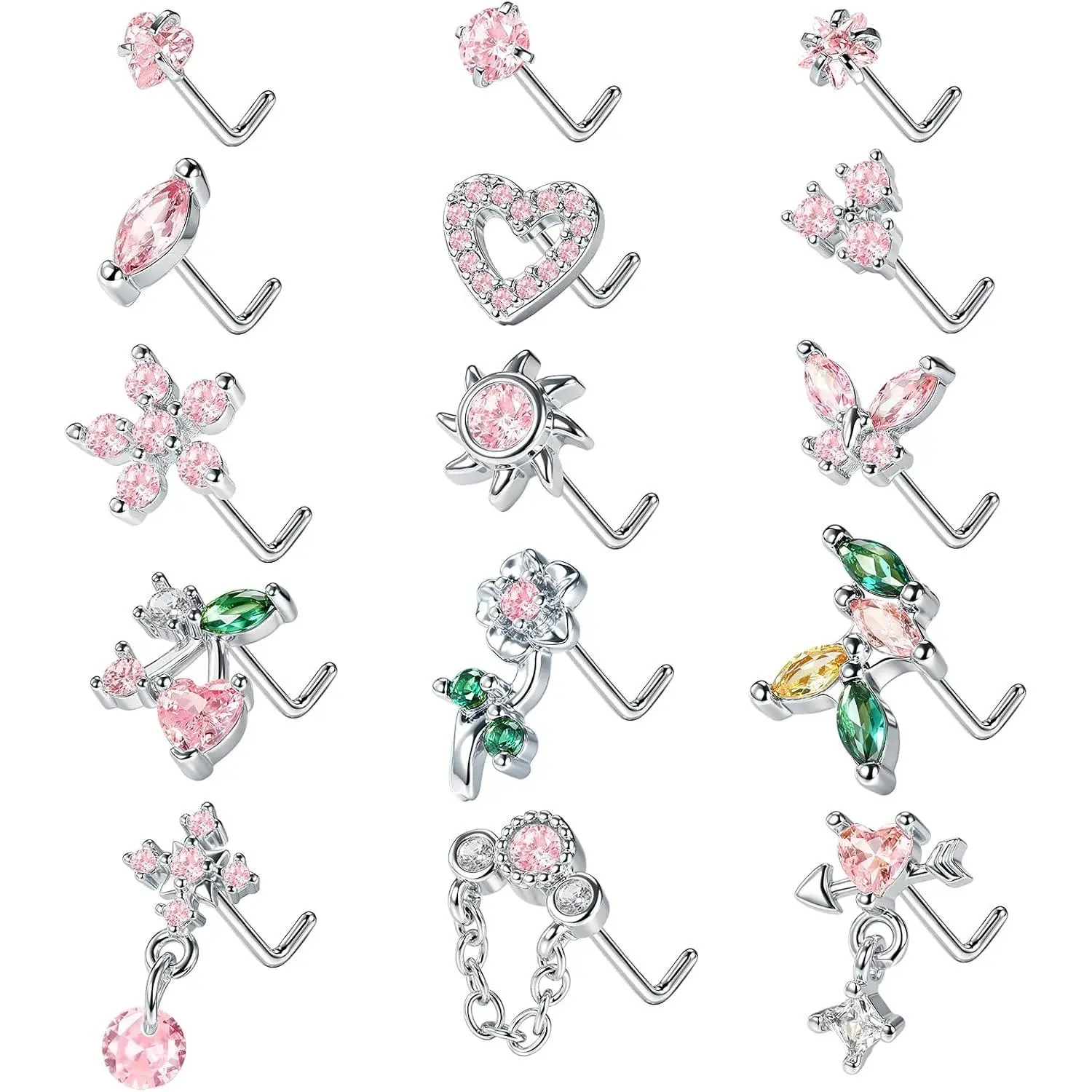 L Shaped Nose Rings for Women 20G Dangle Nose Piercings Heart Butterfly Flower Bow Moon Dangling Nose Studs Stainless Steel Nose
