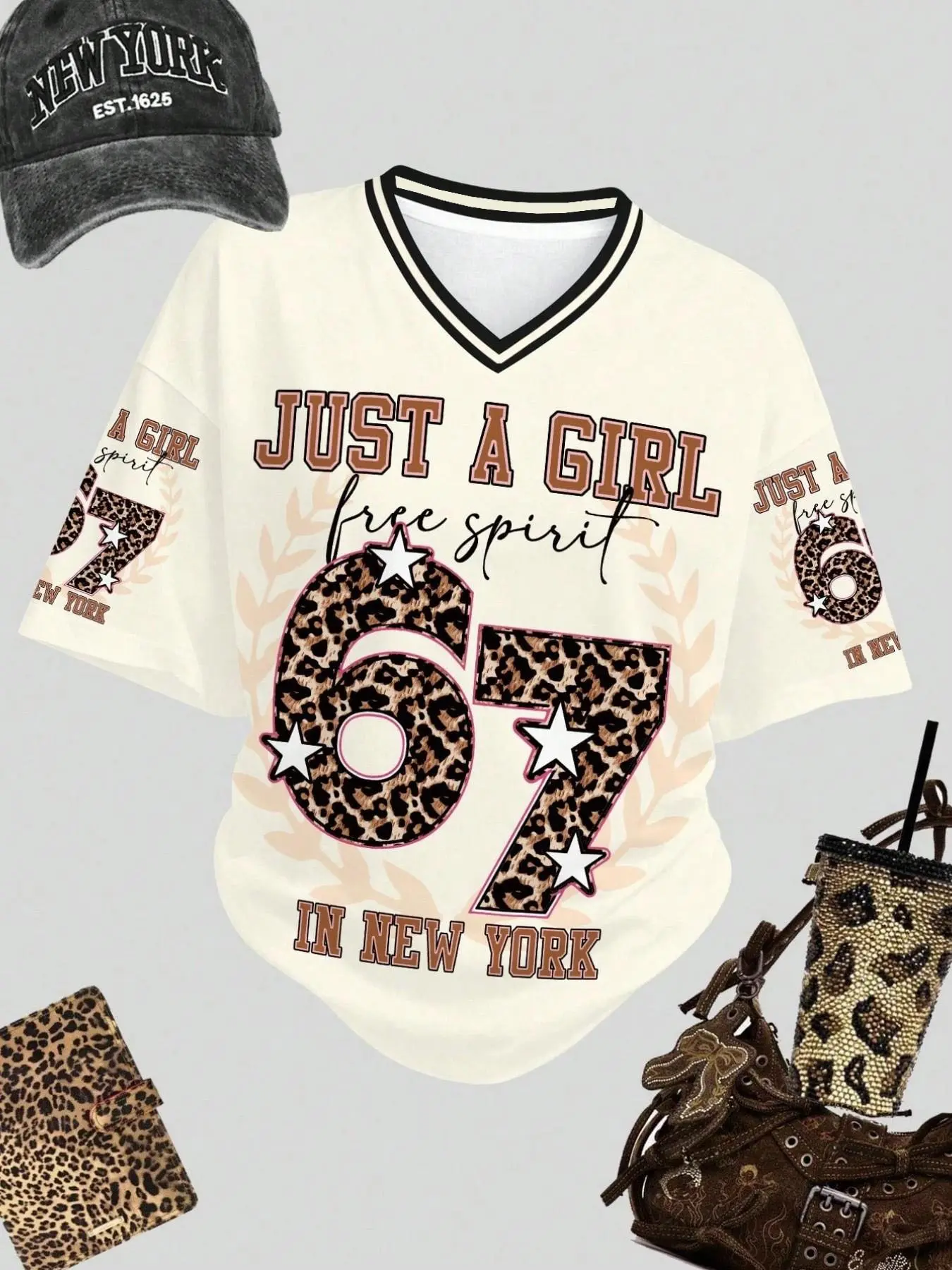 American Vintage New York 67 Leopard Print Jersey Top, 3 Colors, Loose Fit V Neck Y2K Style Sporty T-Shirt, Casual Sportswear