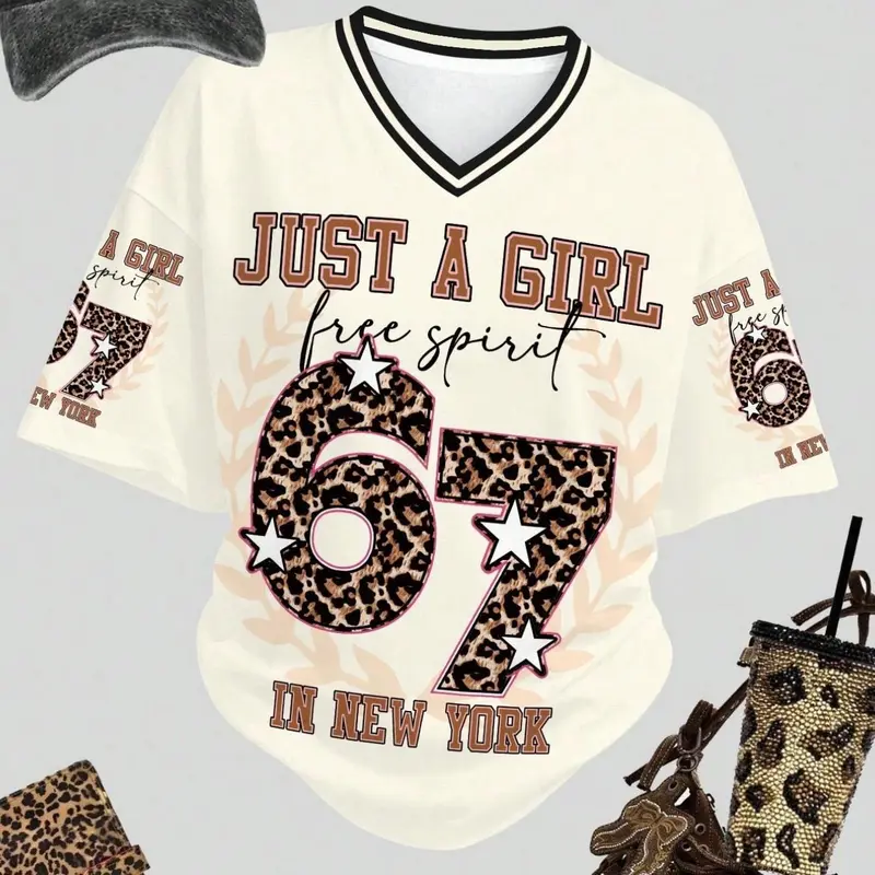 American Vintage New York 67 Leopard Print Jersey Top, 3 Colors, Loose Fit V Neck Y2K Style Sporty T-Shirt, Casual Sportswear, Casual Sporty Design