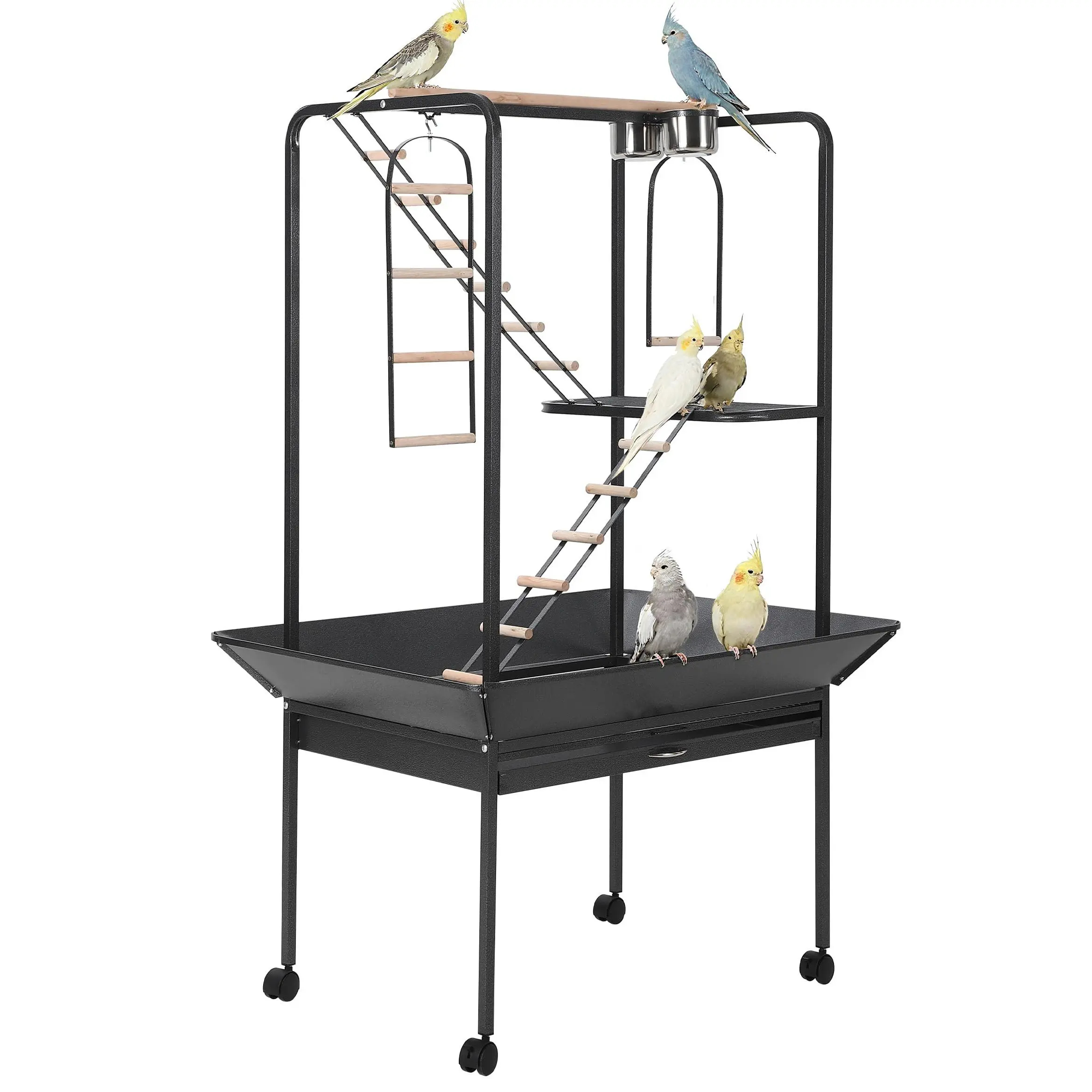 Extra Large Wrought Iron Parrot Bird Cage - 23.6" l x 23.6" w x 66" h, Waterproof Roof, Removable Tray, Freestanding Rolling Stand, 360-Degree Swivel Lockable Casters, Easy-to-Clean Spacious Indoor Outdoor Aviary for African Greys, Amazons