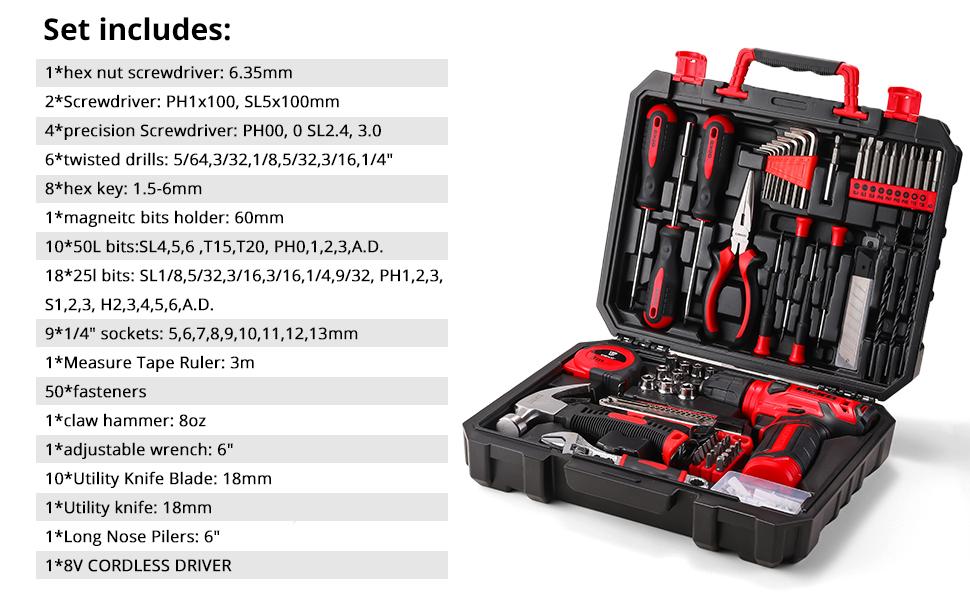 Drill Set: Tool Set with 8V Red Cordless Drill, Home Tool Kit with Drill, Hand Tool Kits for Women 126 Piece