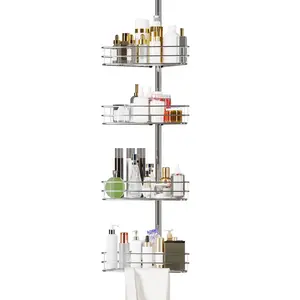 Black/Silver 4-Tier Rustproof Corner Shower Caddy Tension Pole, 76 in-110 in Adjustable Bathroom Organizer Shelves with Built-In Towel Bars, Space-Saving Home Organizer Storage Rack for Bathroom Decor