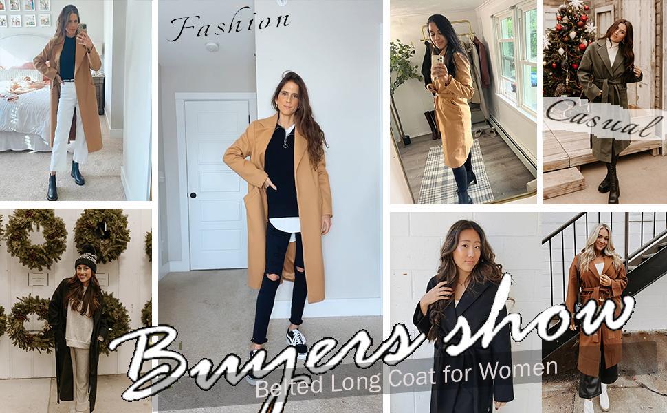 FMEYOA Womens 2025 Notched Lapel Collar Coats Open Front Long Jackets Overcoat with Belt