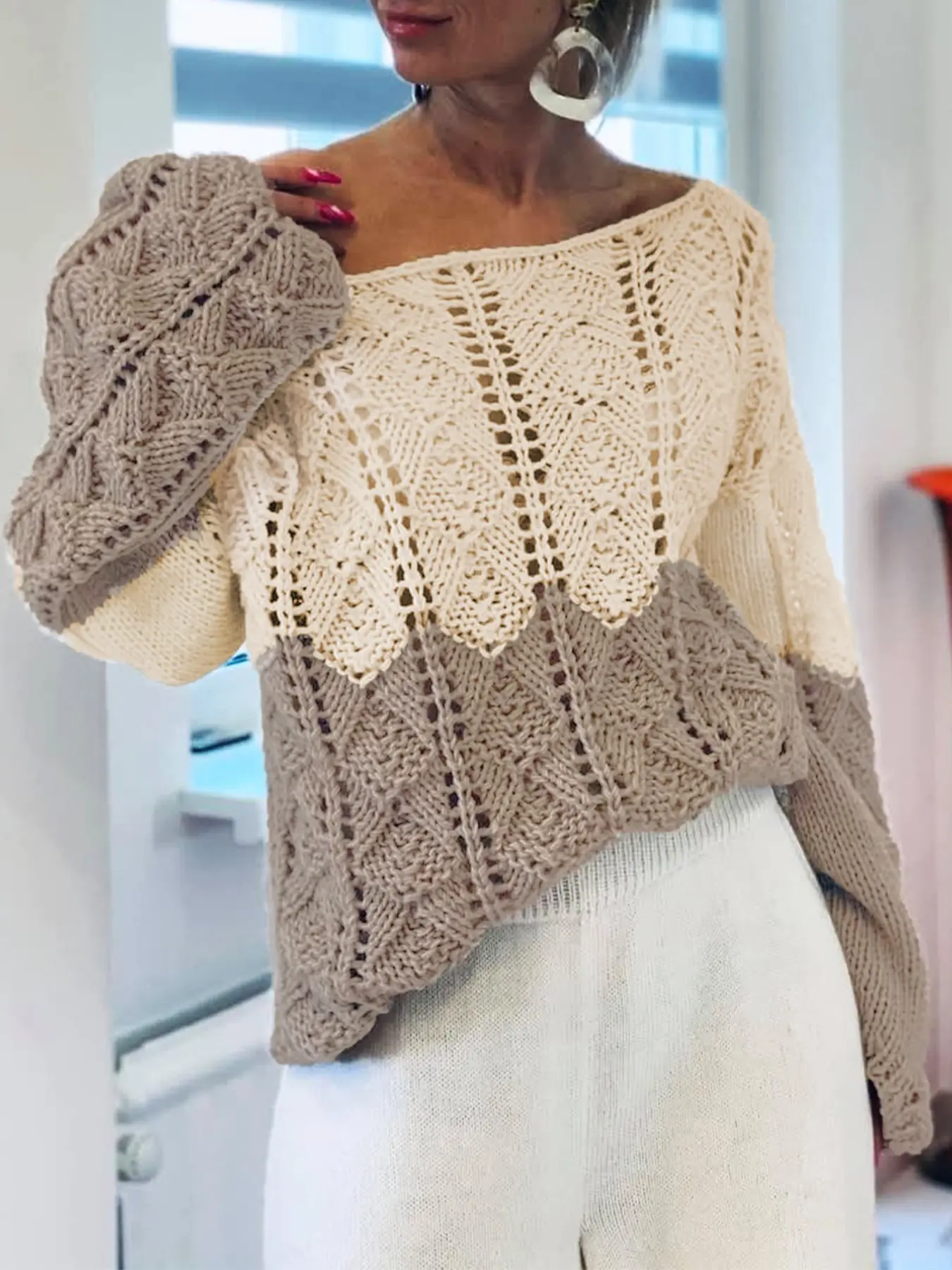 Fall Boho Color Block Sweaters for Women, Knitwear, Long Sleeve Wide Crew Neck Pullover Sweater, Oversized Crochet Knit Top, Casual Loose Sweater for Daily Wear, Vacation, Weekend Outfits