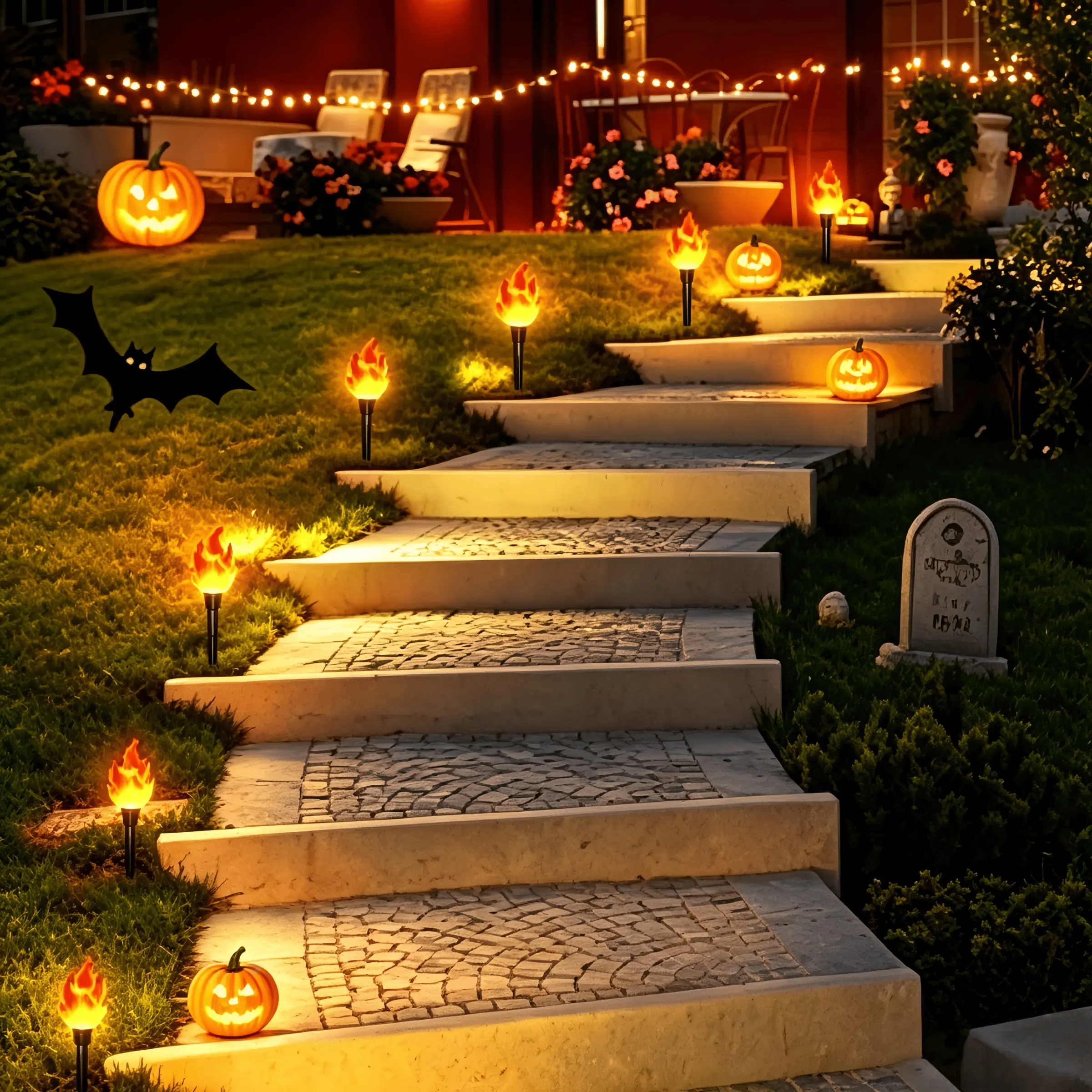 6.5m/11.5m Solar Flashing Flame Light, Halloween Outdoor Ground Lamp, Garden Christmas Light, Easy Install, Realistic Flare Effect, Auto Timer