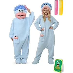 Multi-scene Wearable Big Mouth Monster Plush Onesie Pajamas Adult Unisex, Super Soft Thick Coral Fleece Oversized Full Body Loungewear with Interactive Movable Mouth Hood & Matching Small Monster Pocket,
