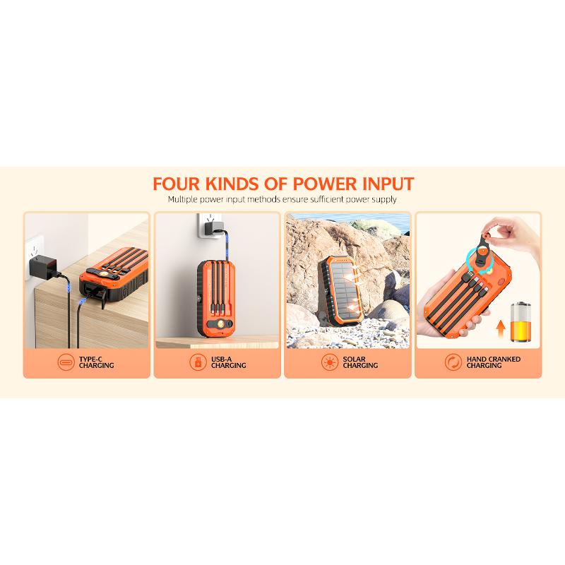 Solar Charger Power Bank 40000mAh Built in 4 Cables and Hand Crank, Portable Charger 22.5W Fast Charger 6 Outputs & 4 Inputs External Battery Pack with Bright Flashlight and Compass