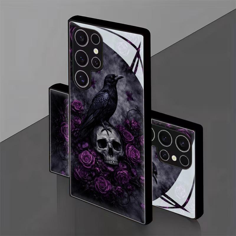 A Phone Case Made of Black Tempered Glass Featuring a Raven Skull And Purple Roses, Embodying a Gothic And Mysterious Dark Fantasy Style for Samsung Galaxy S26 S25 S24 S23 S22Pro S21 S20 Fe Plus Ultra Pro A56 A55 A54 A53 A52 A51 A36 A35 A34 A32 A26 A25