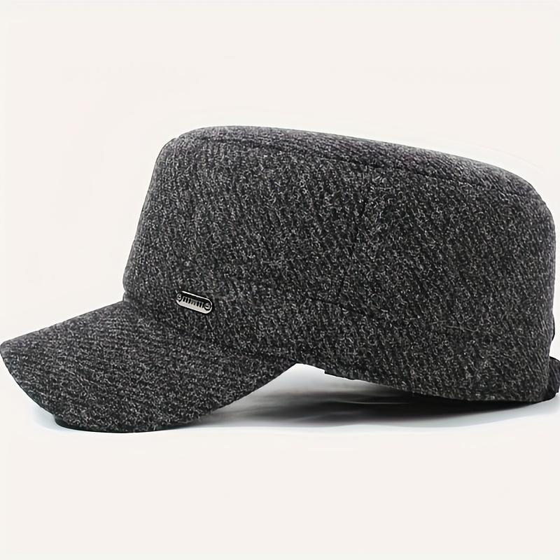 Men's Winter Warm Fleece-Lined Thickened Flat Cap with Ear Flaps - Tweed Style Felt Hat for Elderly & Middle-Aged, Multi-Color Options (Black, Navy, Brown, Grey) - Outdoor & Formal Cold Weather, Christmas/Thanksgiving/Halloween Accessory, Funky & Stylish