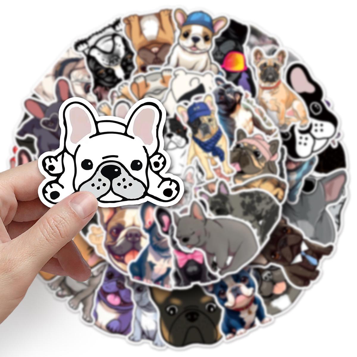 Cartoon French Dog Pattern Sticker, 50pcs Waterproof Self Adhesive Decor Paper, Decor Sticker for Gift Greeting Card Water Bottle Laptop Phone, Funny Stickers