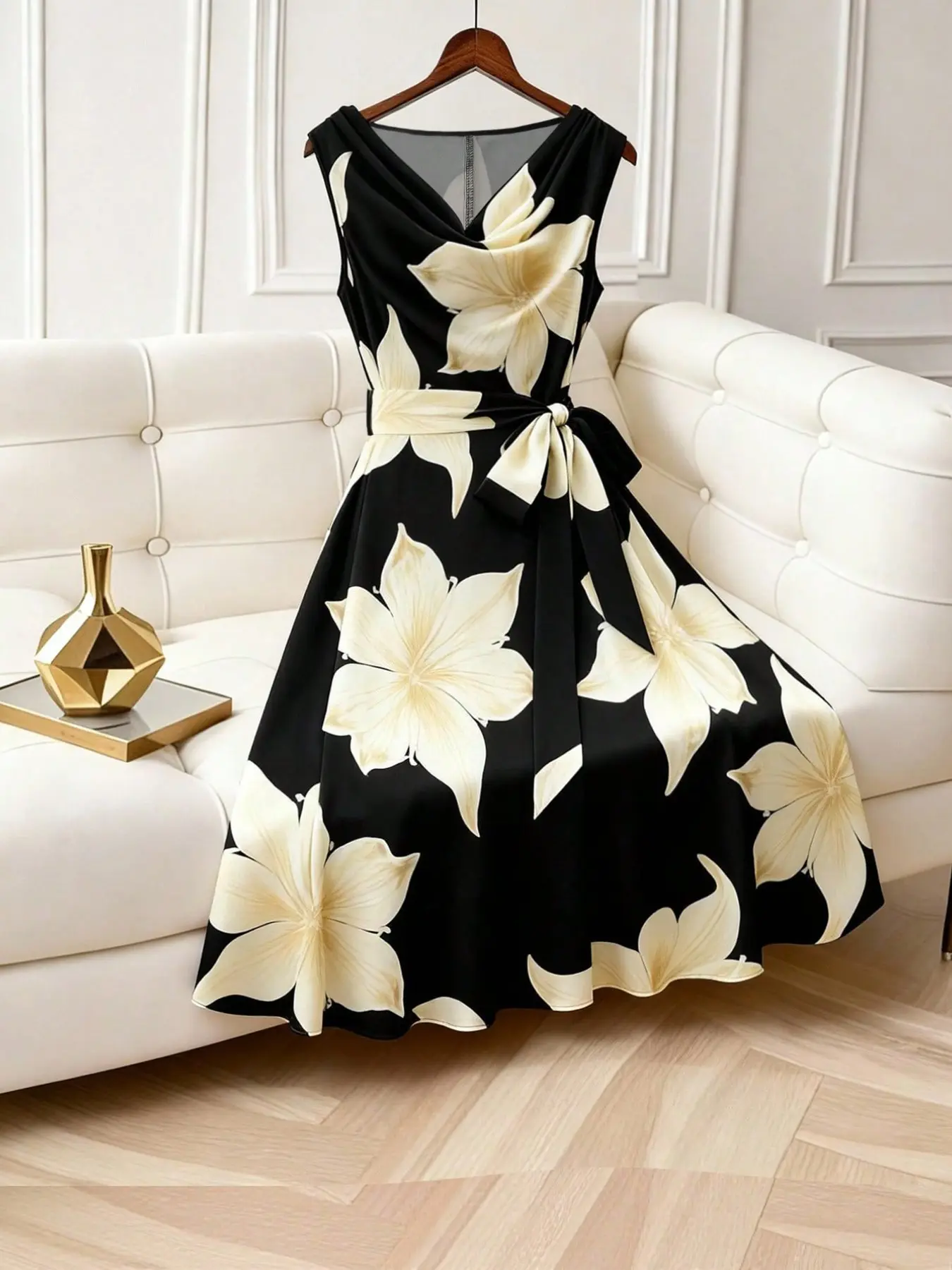 Elegant Women's Sleeveless A-Line Dress, Floral Gold Lily Print, High-Neck Waist-Tied Design, Perfect for Dates, Parties, Office Wear, Formal Wear