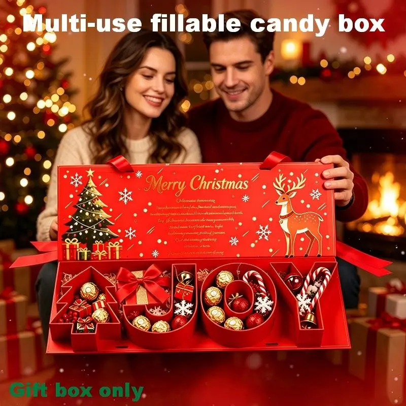 Christmas JOY Treat Gift Box, Fillable Candy Chocolate Holder Box with 4 JOY-Shaped Compartments,  Reusable Red Holiday Surprise Box for Christmas, Xmas Party Favors, DIY Gifts & Decoration