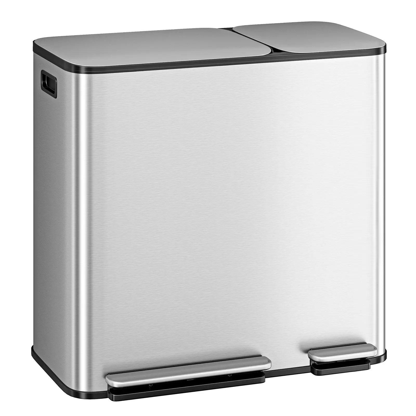 Dual Kitchen Trash Can 13.2 + 5.2 gal (50+20L) Stainless Steel Trash Cans with Soft Close Lid Large Double Garbage and Recycling Bin with 2 Removable Inner Buckets Step-on Metal Garbage Cans Silver/Black
