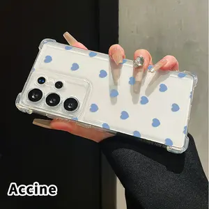 Phone Case for Samsung Galaxy S25 S24 S23 Plus FE S22 Ultra Blue Heart Pattern Anti-drop Durable Total Protective Anti-Yellowing Shockproof Transparent Cover Casing