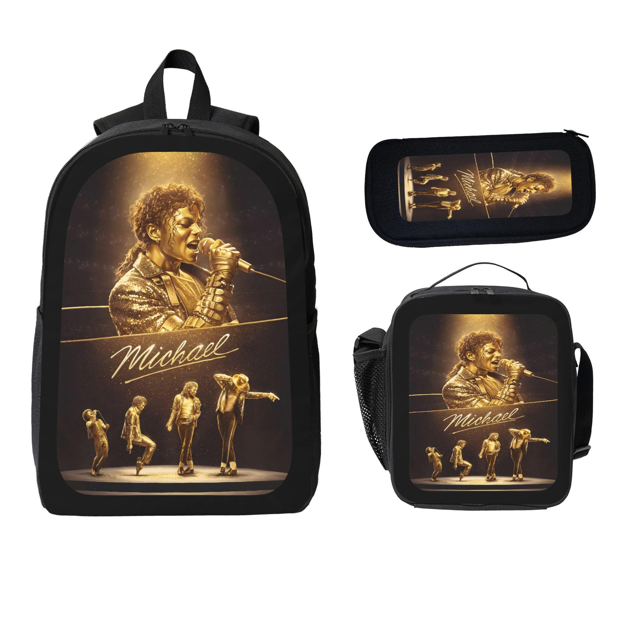 3-Piece Backpack Set, Michael Jackson Themed School Bookbag for Teen Music Fans with Lunch Bag & Pencil Case, Casual Travel Daypack