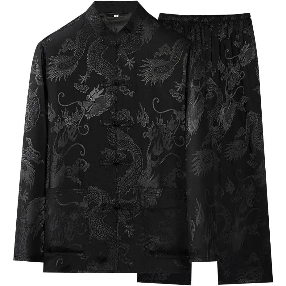 Men Kung Fu Uniform Chinese Traditional Wing Chun Tai Chi Hanfu Long Sleeved Coat Tops and Pants Tang Martial Arts Training Costume Halloween Cosplay