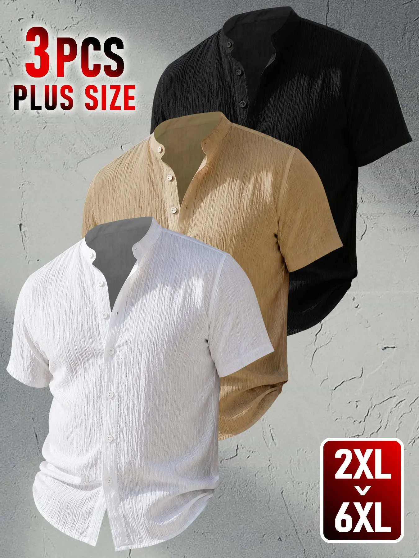 3pcs Men's Plus Size Summer Short Sleeve Shirts, Breathable Plain Solid Button Shirt, Casual Stand Collar Top, Beach Vacation & Daily Wear, Gift Idea