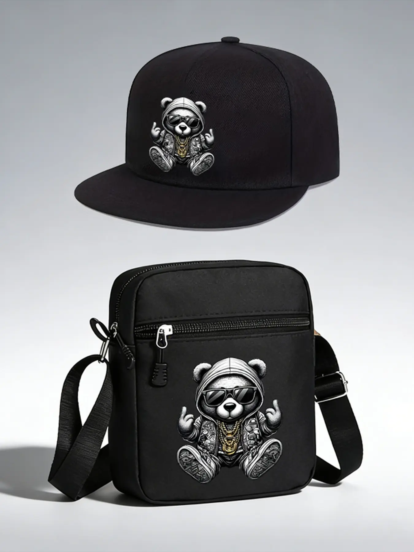 2pcs Cartoon Bear Print Baseball Caps and Crossbody Bags, Adjustable Street Fashion Outdoor Sports Accessories, Perfect for Daily Wear and Gifts
