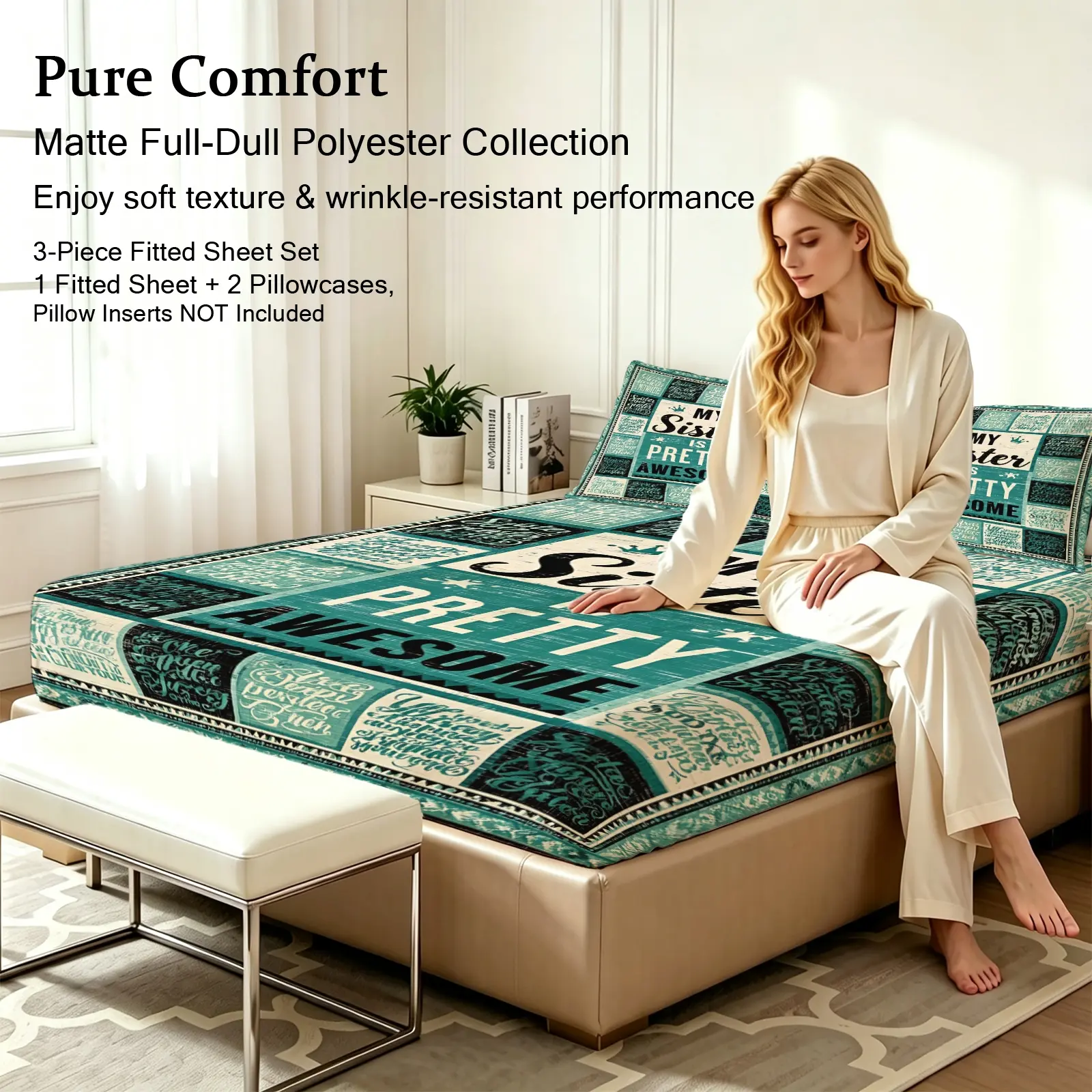 3pcs Fitted sheet Retro Teal Patchwork Slogan Print Cozy Bed Sheets Soft Microfiber Bedding Set, Wrinkle Resistant Breathable Fade Proof Comfortable Bed Cover Set with 2 Pillowcases, Fit Full Queen King Cal King Sizes for Bedroom Guest Room Home