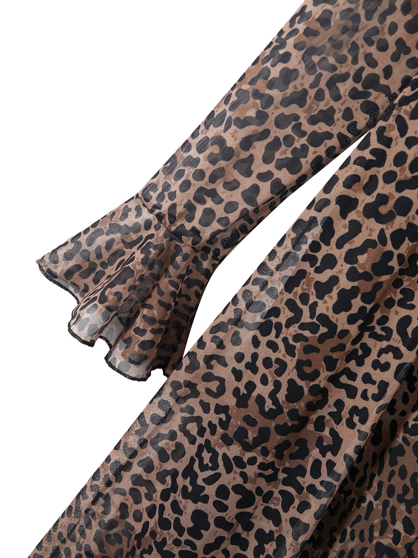 Women's Leopard Print Ruffle Trim Fitted Milkmaid Dress, Elegant Fashion Casual Square Neck Long Sleeve Flared Dress for Ladies, Suitable for Daily Outdoor Wear and All Seasons