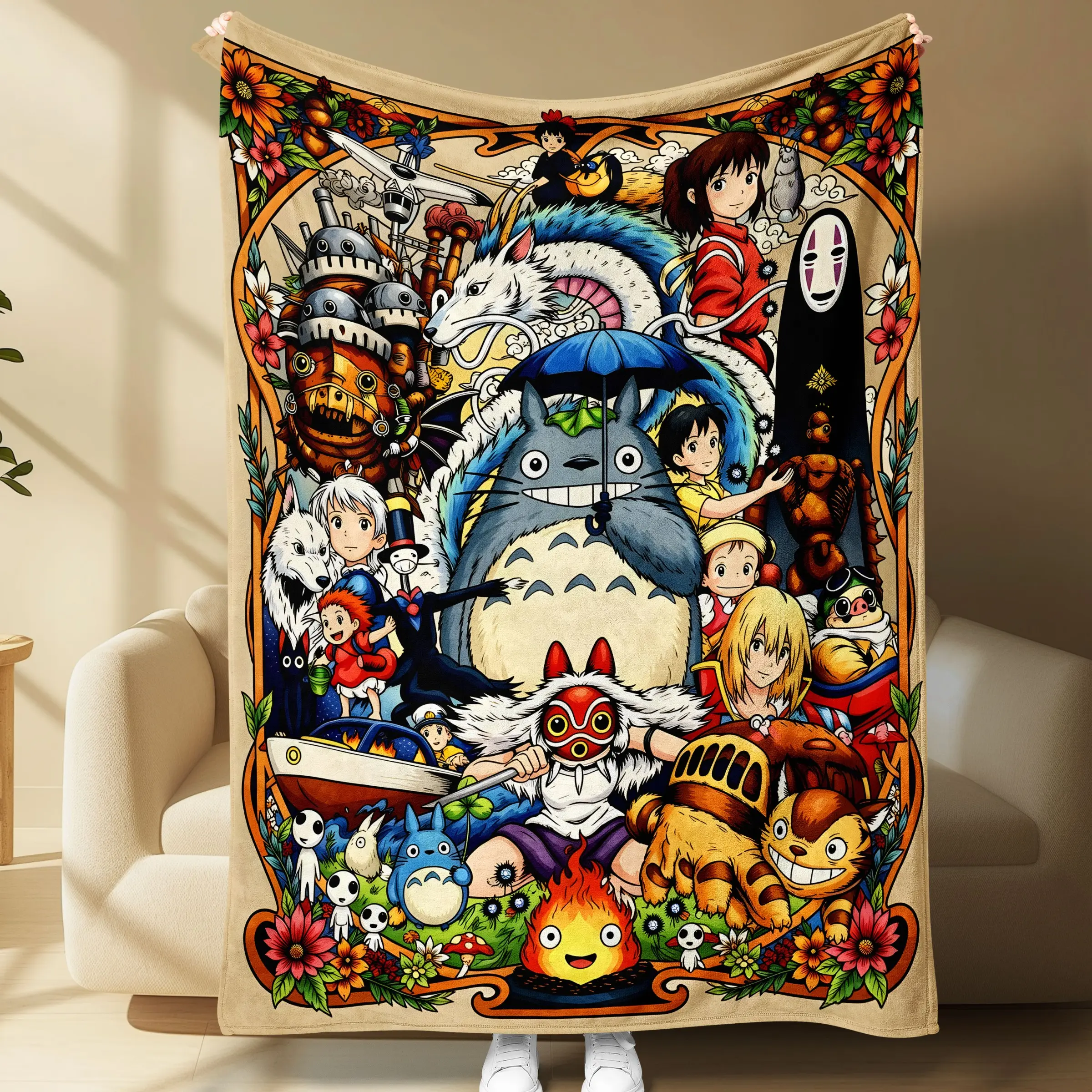 1pc Anime-Inspired Fantasy Forest Spirit Throw Blanket | Soft Cozy Fleece Sofa & Bed Blanket | Home Decor, Nap, Travel, Camping | Holiday Gift for Christmas, New Year, Birthday, Halloween 🎁🛋️