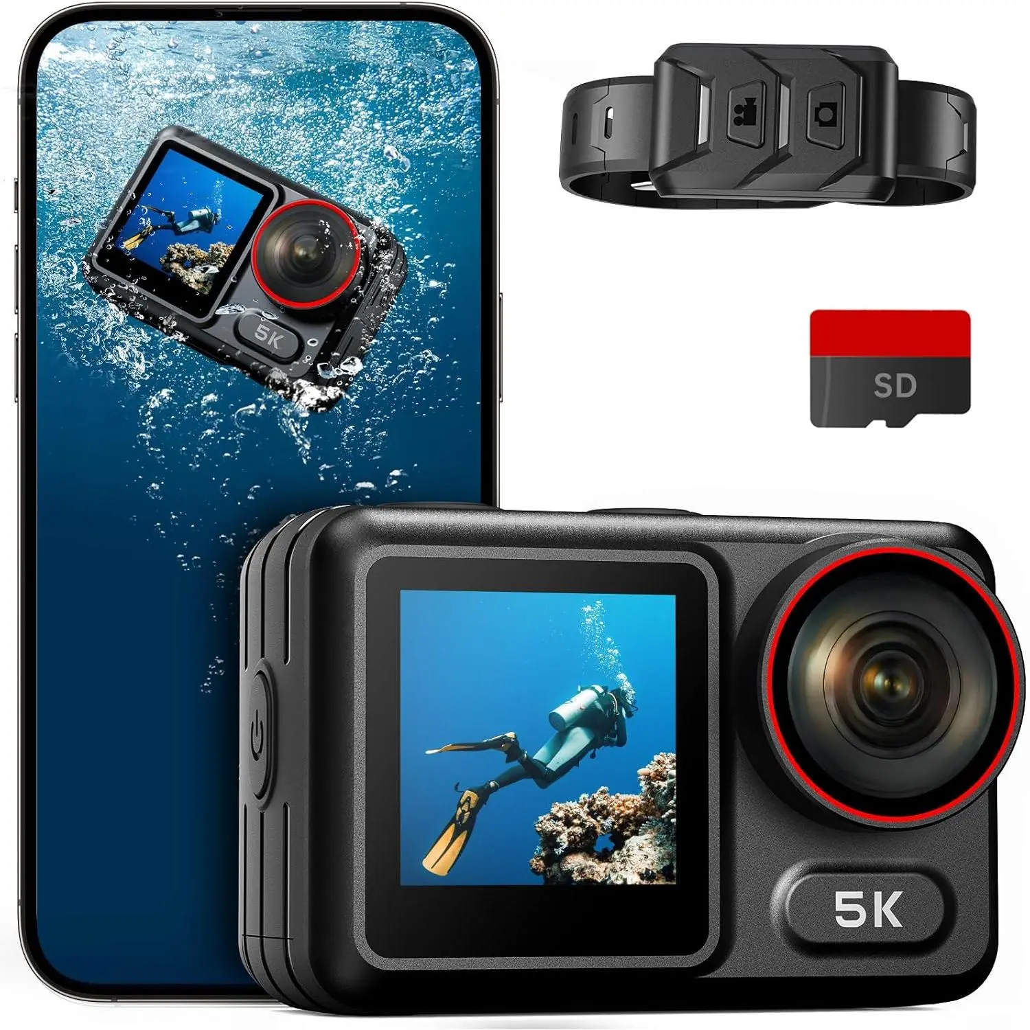 5K30FPS  Action Camera with 64GB Card, IPX7 & 34FT Underwater Cameras, EIS 2.0 Stabilization, 2.4"  Screen, 2x1350mAh  for Diving, Cycling, Outdoor