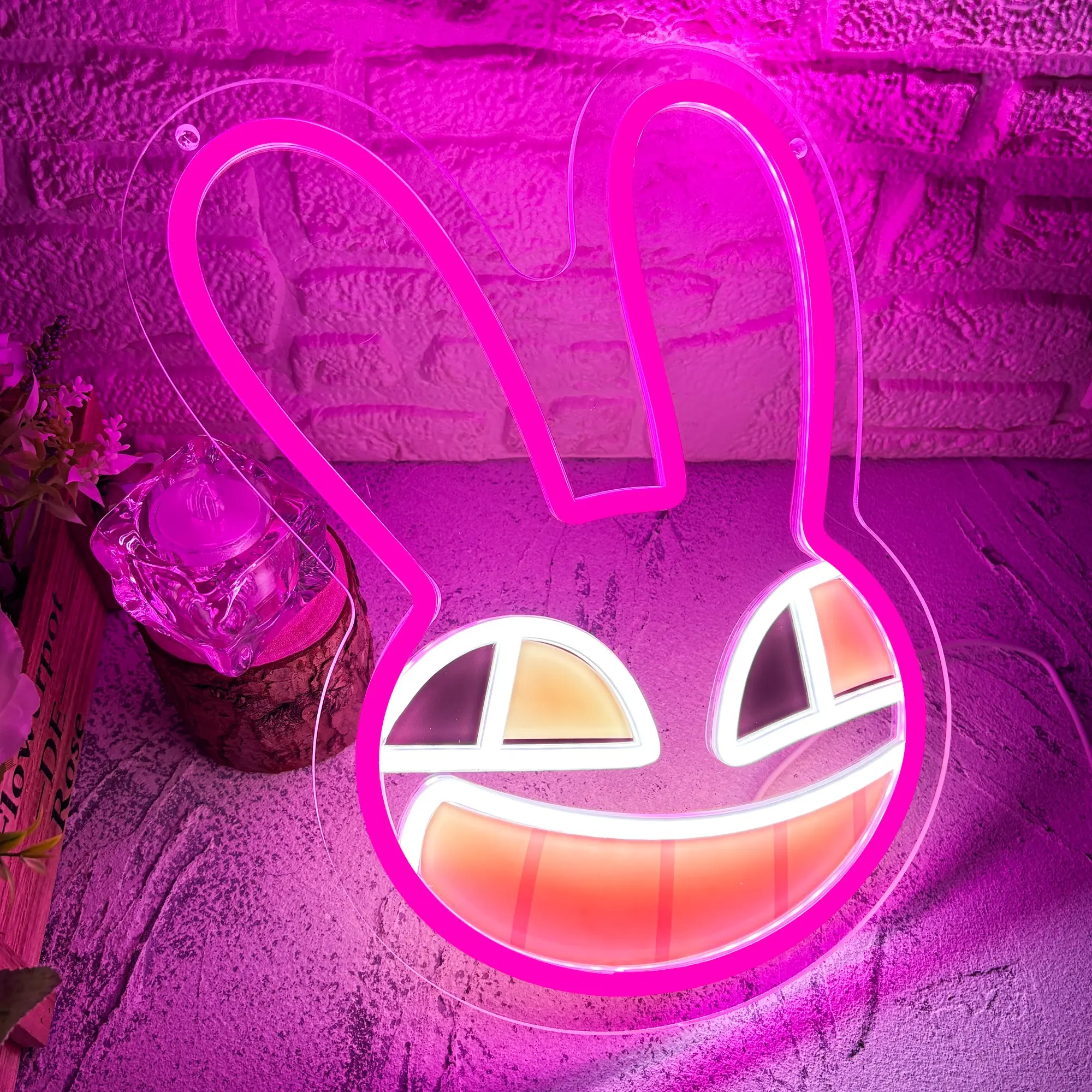 Cute smiling rabbit-shaped neon decorative light; wall-mounted LED ambient light with adjustable brightness; suitable for home decor (bedroom, living room, kids' room, game room, party) and as a birthday gift