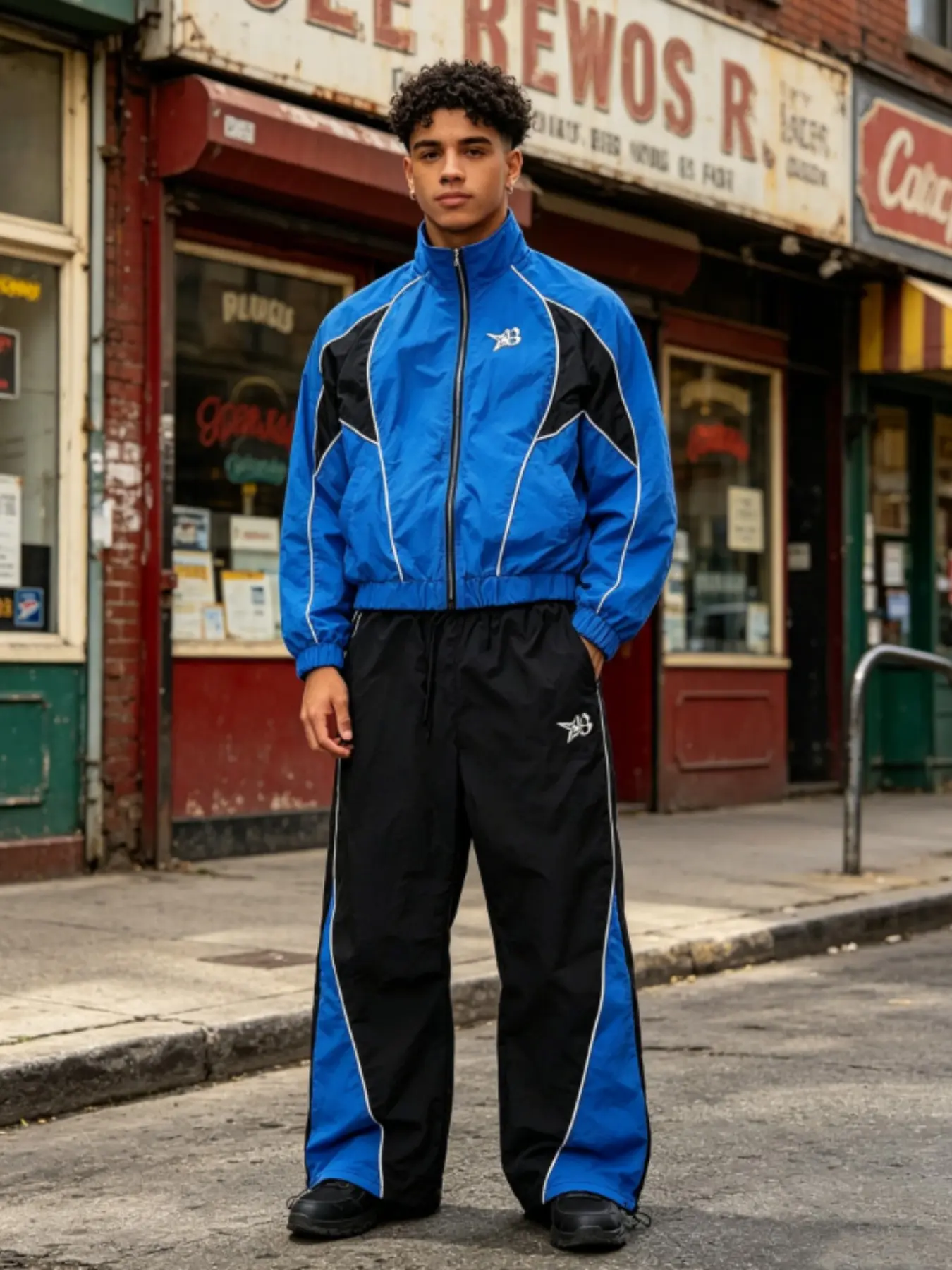 Men's Blue Black Color Block Striped Windbreaker 2 Piece Set | Zip Up Cropped Jacket & Wide Leg Pants | Casual Sporty Streetwear for Daily & Outdoor
