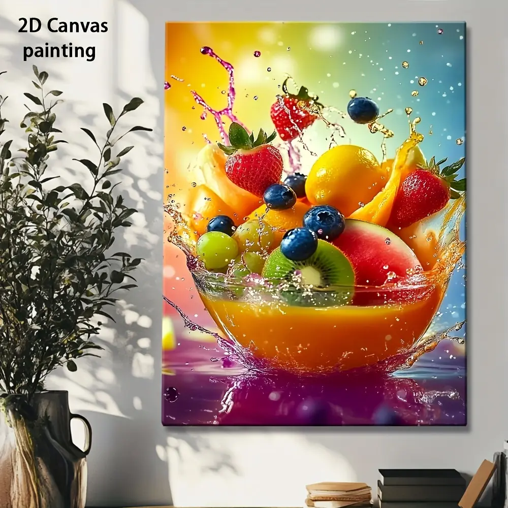 2D canvas painting, 1 piece framed canvas wall art - tropical fruit splash painting, including strawberries, blueberries - modern kitchen, living room, dining room decoration - ready-to-hang wrapped canvas poster home decor, canvas wall art ready to hang