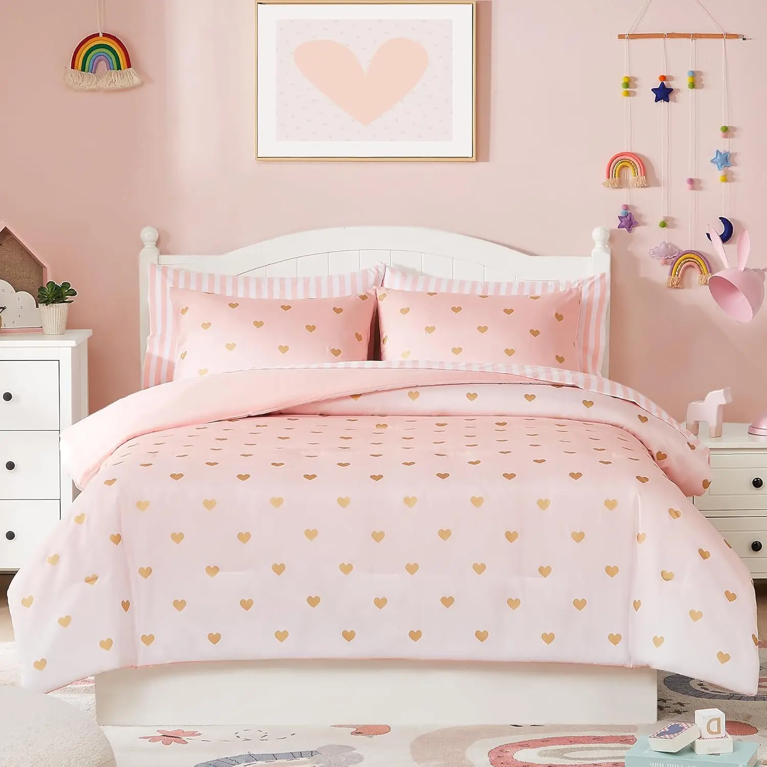 Twin Comforter Set with Sheets for Girls 5 Pieces Twin Bedding Sets with Pink White Gradient Ombre Comforter, Sheets, Pillowcase & Sham for Kids (Gold Heart, 66" X 86")