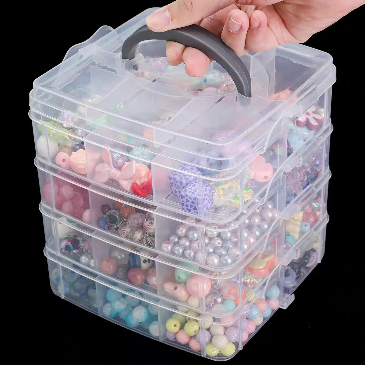 1 Set 5-Tier Clear Storage Organizer Box – Transparent container with lid, handle, snap-lock closure and removable dividers. Ideal for jewelry, beads, nail supplies, sewing kits, hardware, craft accessories, office supplies and DIY storage.