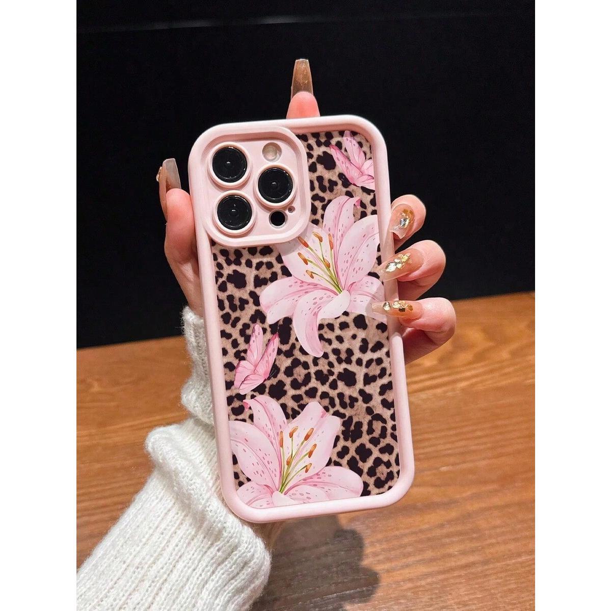Cute Pink Lily Flower & Leopard Print Case for iPhone 17 Pro Max 16 16e 15 14 Plus 13 12 Mini 11 Air X XS Pattern Soft TPU Rubber Camera Protection Rugged Mobile Phone Cover Gift 2D printing Cellphone Protective