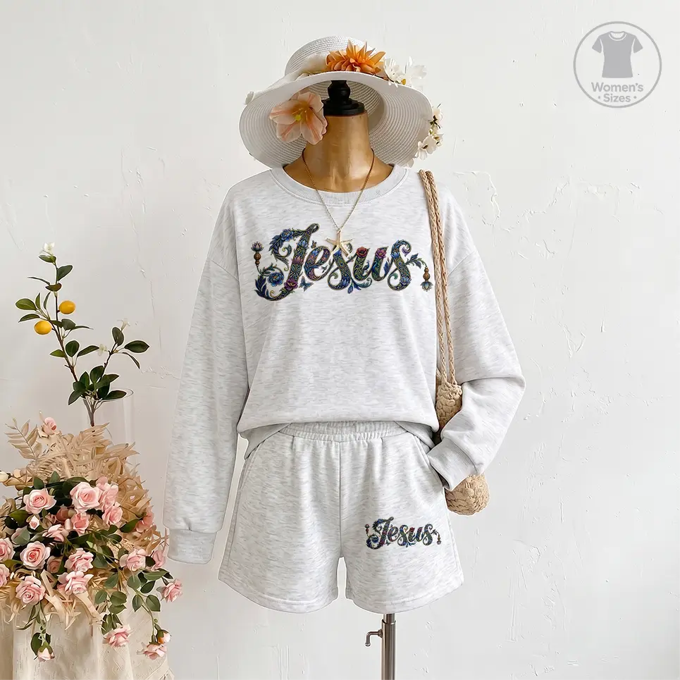 Women's Faith Inspired Cropped Sweatshirt Shorts Set, Jesus Graphic Pullover Top and Matching Lounge Shorts Outfit, Christian Style Two Piece Streetwear Set for Women, Soft Cozy Casual Clothing for Daily Wear, Church, Travel and Weekend Looks
