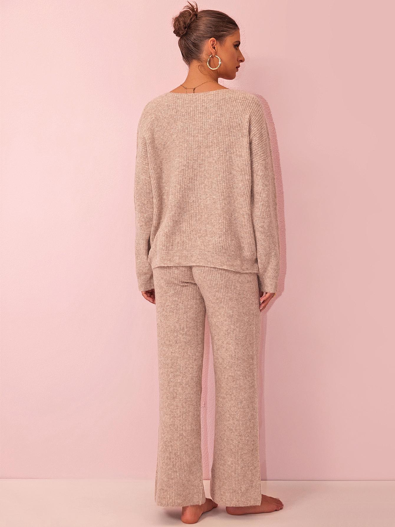 Joyfunear Women's V-Neck Knit Sweater & Wide-Leg Pants Lounge Set - Cozy Chic Comfortable for Casual Wear Soft Knit Fabric Long Sleeves High Waisted Pants S-XXL