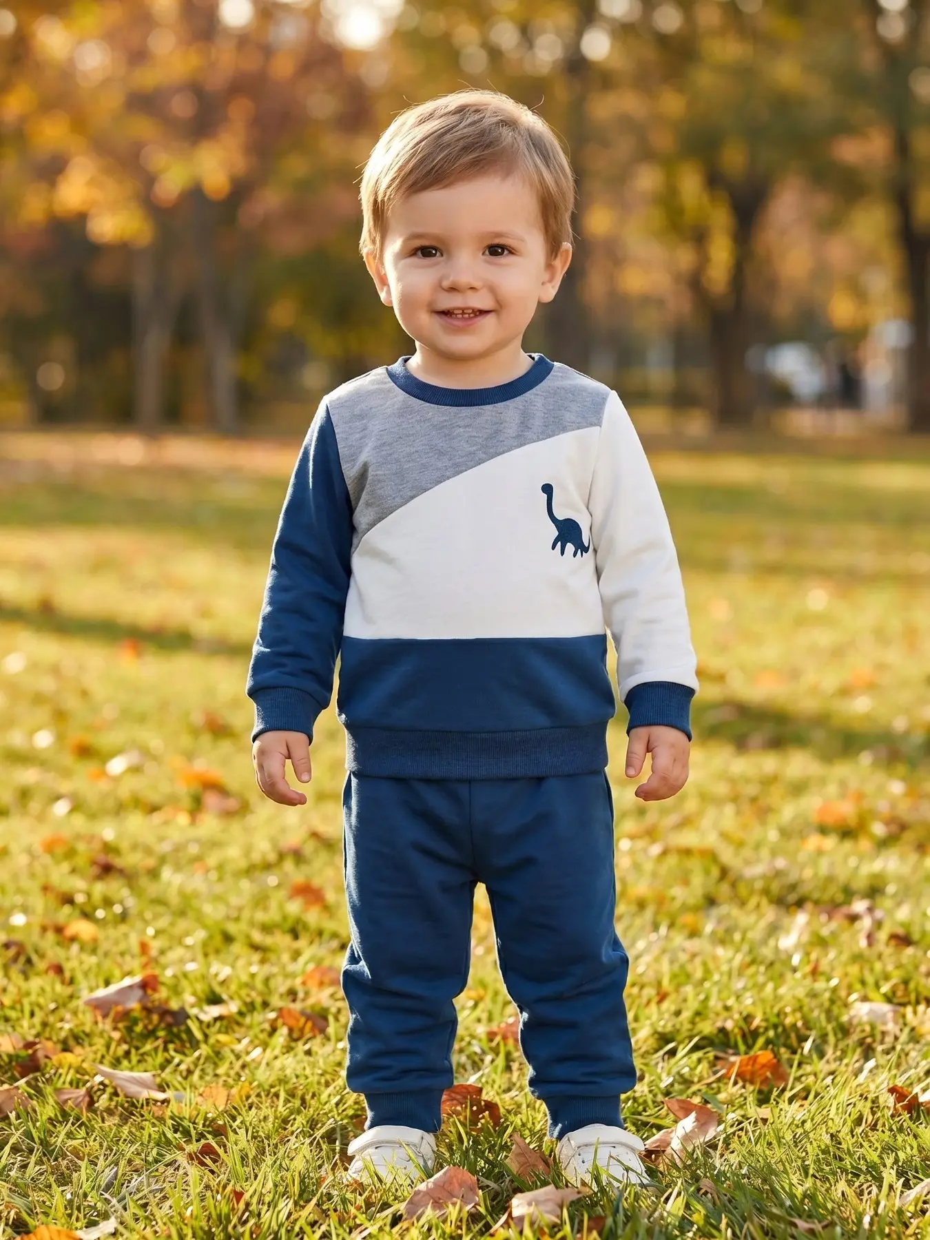 Spring/Fall Baby Boys' 2Pcs Color Block Crewneck Sweatshirt with Embroidered Dinosaur & Matching Jogger Pants Set 🦖 Soft Cozy Outfit for Kids Daily Wear Baby Boy Clothes