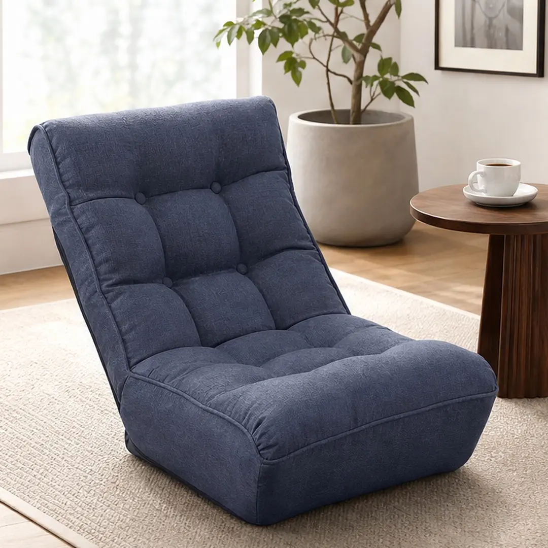 ARCH Armless Ergonomic Folding Recliner Floor Chair - Adults' Linen Navy Metal Frame, 4-Position Adjustable Back, Spring Construction, 41.3Wx23.6Dx29H in, Spot Clean, for Reading, Small Room Ideas, Space Saving Furniture, Floor Chairs