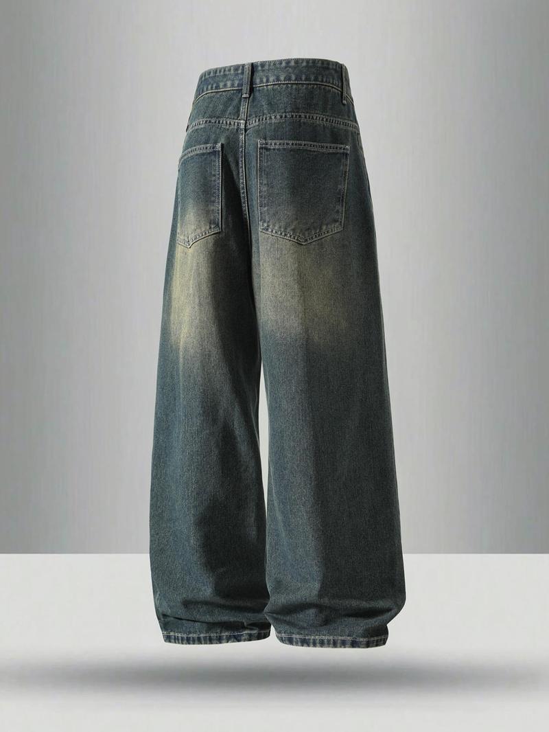 Men's vintage washed loose straight-leg jeans, casual four-season street style, zipper fly, solid color pattern, daily wear denim pants. If you prefer a looser fit, order one size larger.