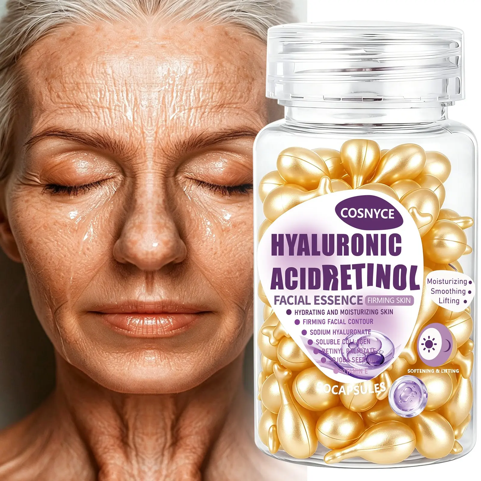 COSNYCE Facial Essence Capsules with VC, VE, Retinol, Jojoba Oil & Soluble Collagen, Firm Lift Smooth Skin, Long-Lasting Hydration, Light Texture, Travel-Friendly, Precise Dropper, 1 Capsule Per Use, 90 Capsules