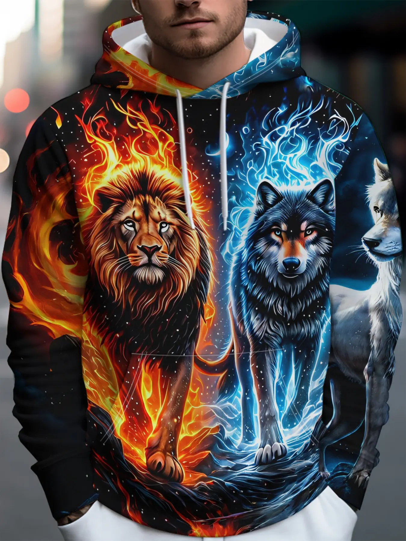 Ice Fire Lion Wolf King Starry Full Print Hoodie, Fantasy Beast Gradient Loose Fit Men's Drawstring Pullover, Fall & Winter Casual Sweatshirt