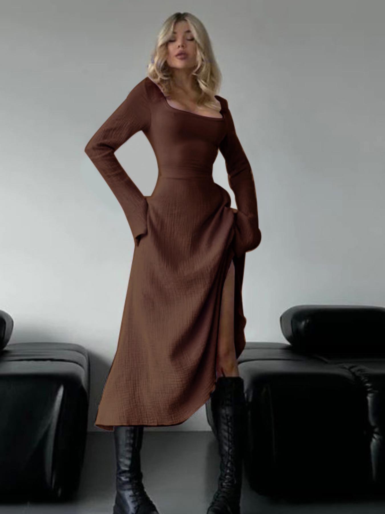 Women's Plain Lace Up Flounce Sleeve Dress, Elegant Square Neck Long Sleeve A Line Dress for Spring & Fall, Women's Clothing for Daily Wear