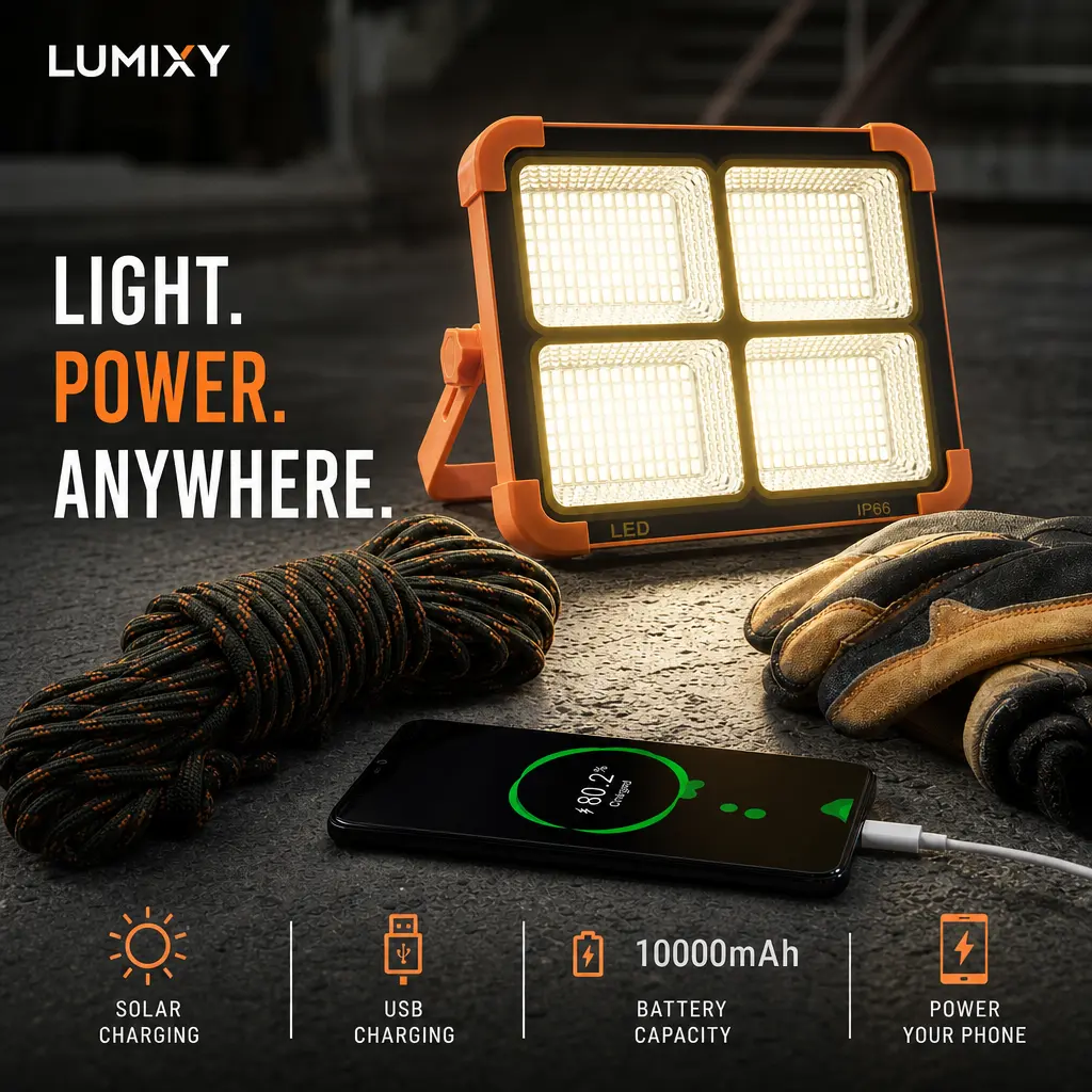 IP66 Waterproof Solar Rechargeable LED Flood Light, 10000LM 12000mAh Portable Battery-Operated 5-Mode SOS Strobe, Home Improvement Outdoor Security Gear for Emergency Kit Hurricane Prep accessory work