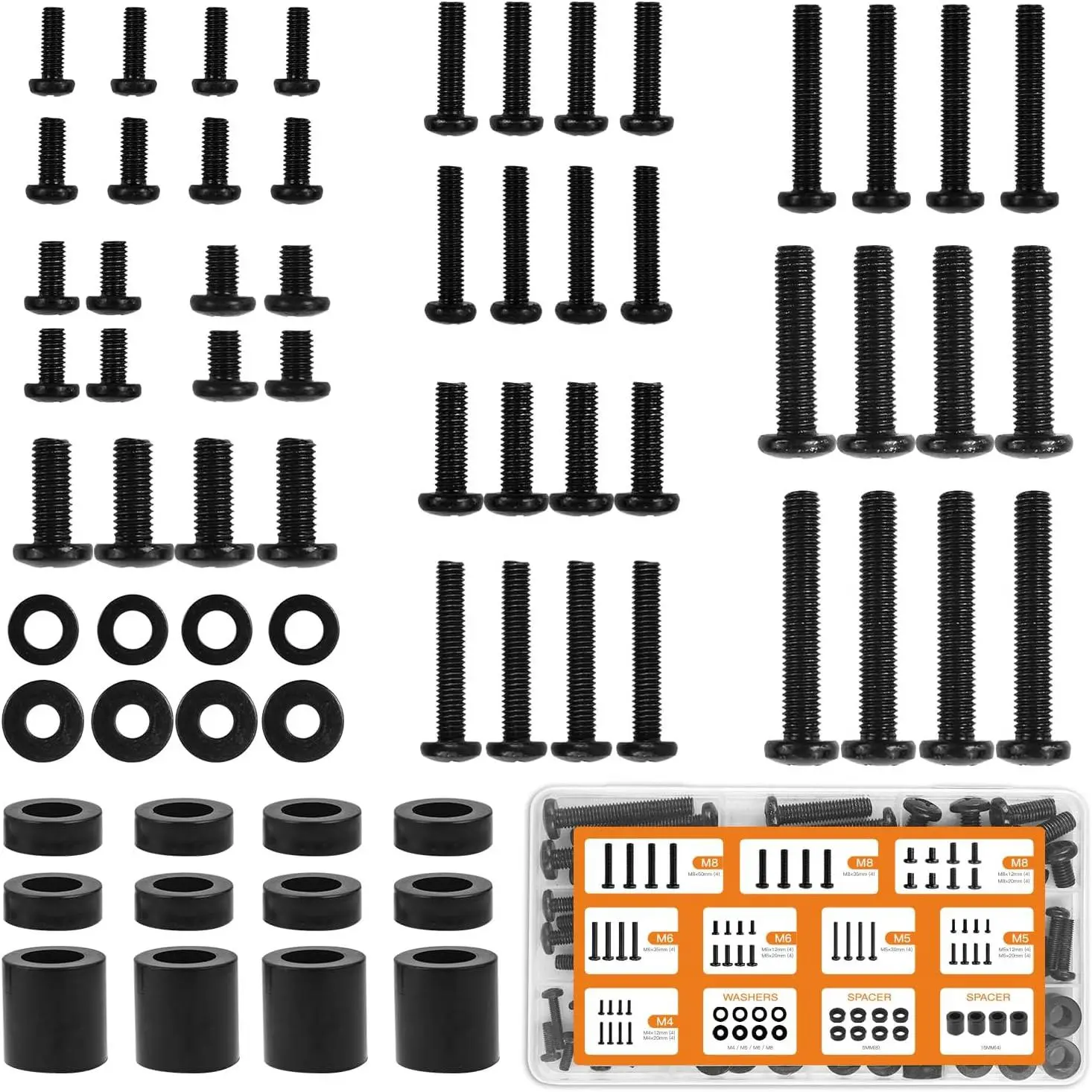 Universal TV Mounting Screw Kit (with box) - Includes M4, M5, M6, M8 screws, washers, and spacers, suitable for TV VESA mounting, compatible with most TVs/monitors under 80inch
