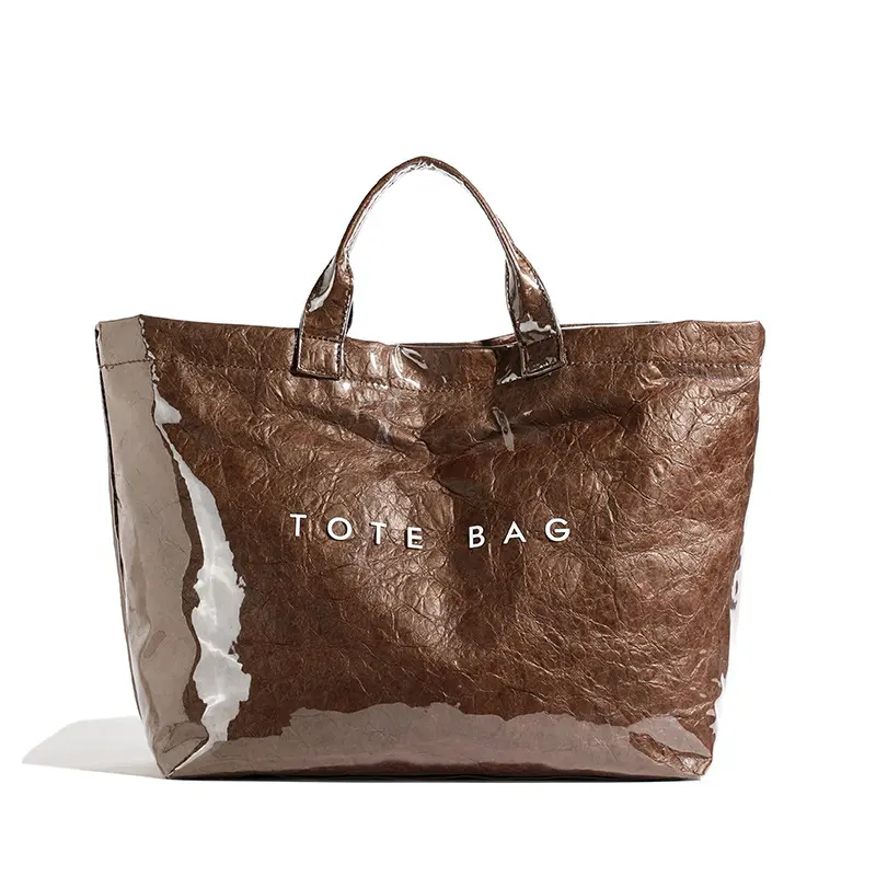 Women's Thick Waterproof PVC Street Tote Bag - Unique Kraft Paper Accents, Classic Retro Style, Large Capacity, Double Handles with Long-Short Shoulder Straps, Durable, Lightweight, High-Functionality, for Travel, Casual Outings