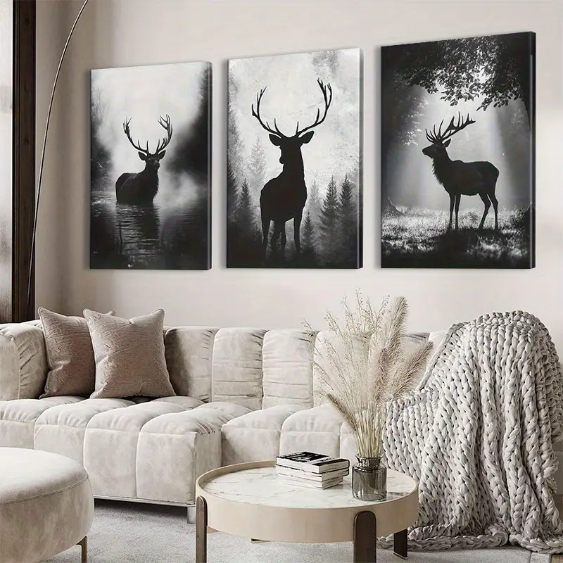 3pcs Framed Forest Deer Wall Art - Modern Frame & Wrap-Around Canvas Posters, HD/8K Glossy, Odorless Deer Pictures Suitable for Home, Office, Perfect Gift