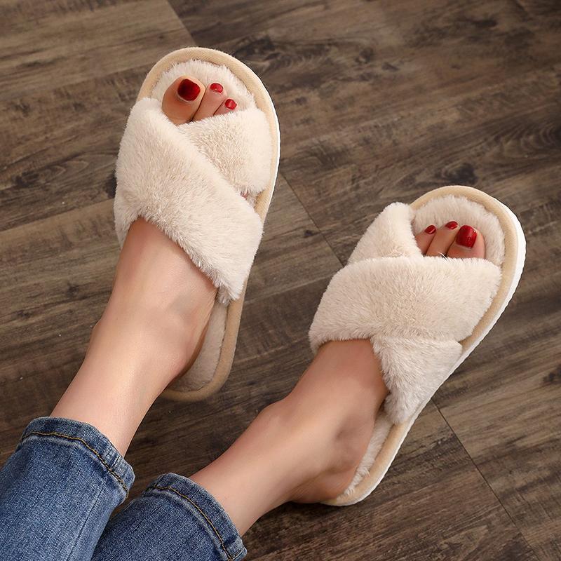 Autumn Winter Fluffy Fur Slippers Women Lightweight Cross Band Plush Slides Woman 2026 Open Toe Flats Fuzzy Home Slippers Female