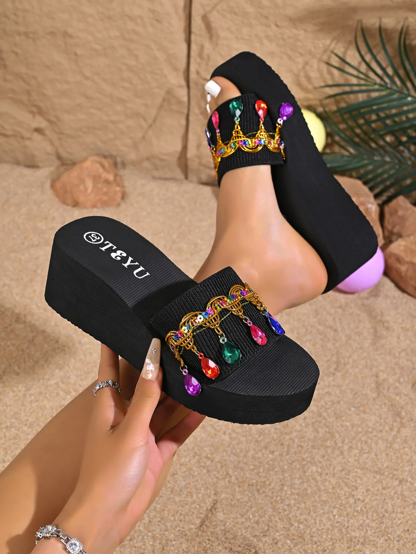 Women's Platform Wedge Slide Sandals, Comfort Colorful Teardrop Rhinestone Tassel One Strap Slides, Open Toe Slip On Flip Flops, Bohemian Summer Beach Footwear for Vacation & Daily Casual Outfits-