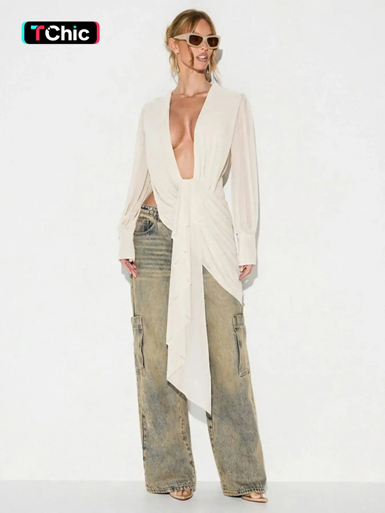 Women's Deep V-Neck Pleated Long Sleeve Backless Top, Asymmetrical Design, Statement, Fashionable and Versatile, Perfect for Everyday Wear