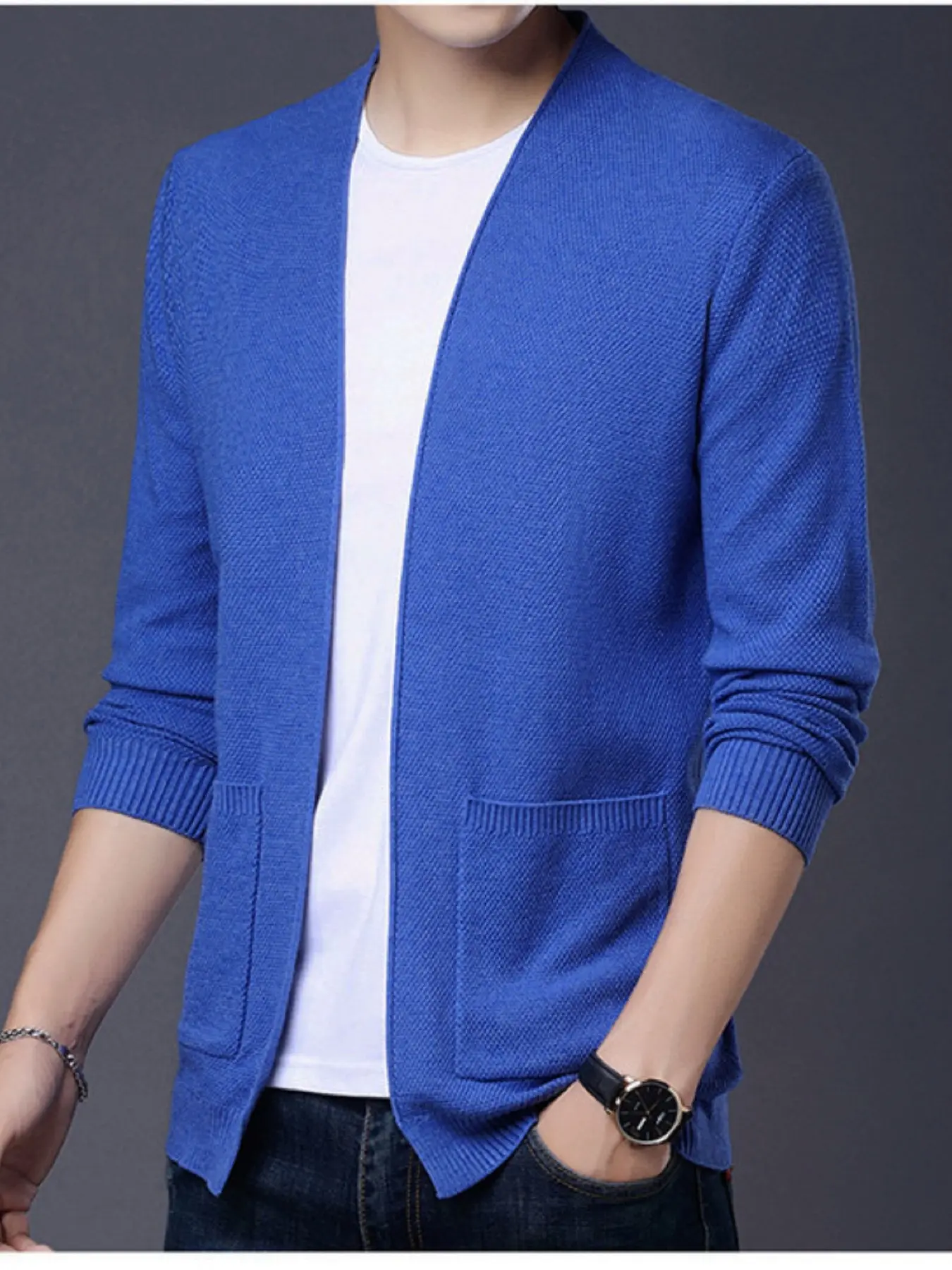 Men's Buttonless Open Front Knit Cardigan, Slim Fit Waffle Texture Long Sleeve Sweater, Dual Pockets, Elastic Ribbed Sleeves, Lightweight, Spring Fall Casual Business Wear