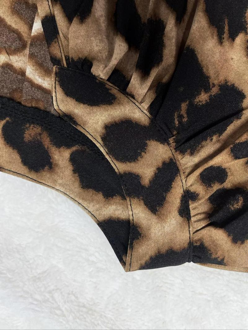 【Plus Size】 Leopard Print Notched Neck Dress, Casual Bishop Sleeve Dress for Spring & Fall, Women's Clothes for Daily Wear