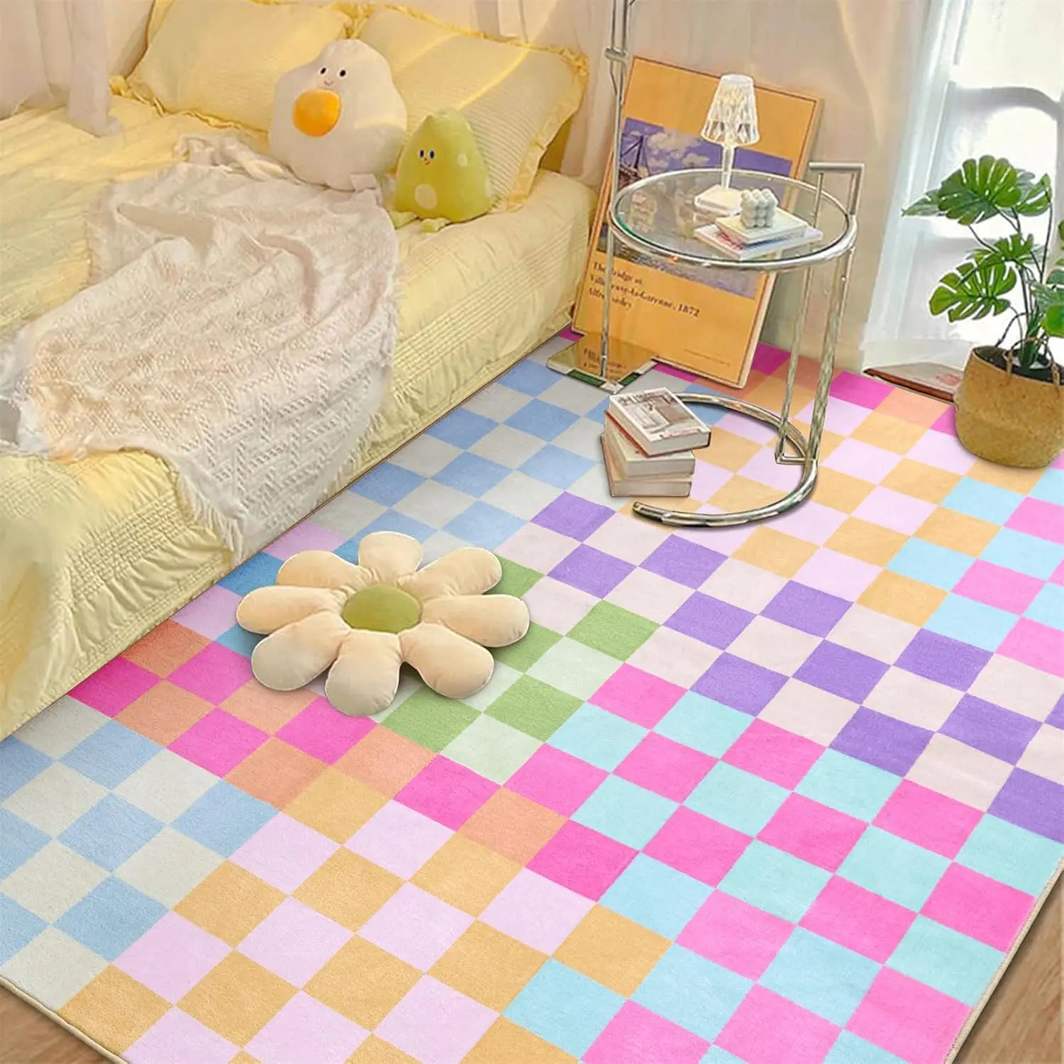 Multicolored Checkerboard Bedroom Rug Washable Ultra Thin Retro Funky Aesthetic Cute 4x6 Area Rugs for Living Room  Kitchen Entryway Dorm, Pastel Colorful Checkered Geometric Carpet